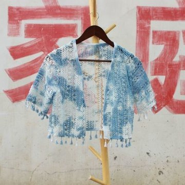 【台灣有貨】實拍 云南大理扎染藍色流蘇外搭搭配吊帶裙百搭度假旅遊遮肉年輕
