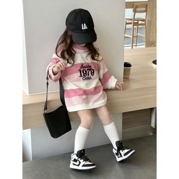 春秋新款童裝女童寬松條紋刺繡字母中長款打底衫兒童韓版衛衣裙潮