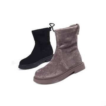 35-39專柜正品Zuse 灰色黑色簡潔一腳蹬彈力方頭毛絨煙囪套筒短靴