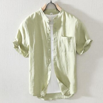 夏季男中國風亞麻短袖襯衫立領純色襯衣半袖衫青中年親膚外搭寸衫