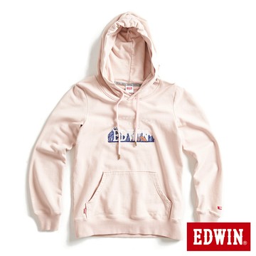 EDWIN 女款 露營系列 富士山刺繡LOGO連帽長袖T恤(淺粉紅)