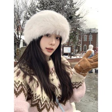 哈爾濱旅游！白色兔毛蒙古帽女冬季防寒保暖漁夫帽時尚百搭毛絨帽