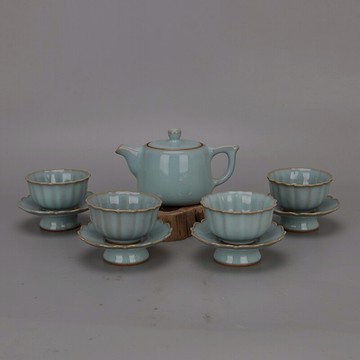 宋 汝窯天青釉支釘壺葵口盞套組 仿古舊貨古玩裝飾家居日用收藏