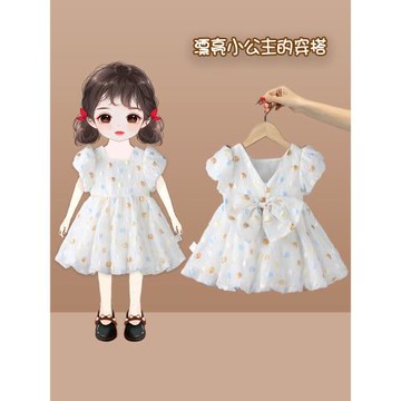 女童連衣裙夏季2023新款洋氣蝴蝶結女寶寶周歲禮服法式波點公主裙