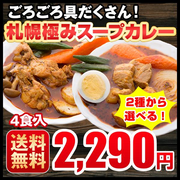 札幌 スープカレー 選べる 4食セット 送料無料   チキン 豚角煮 2種類 北海道 スパイス レトルト