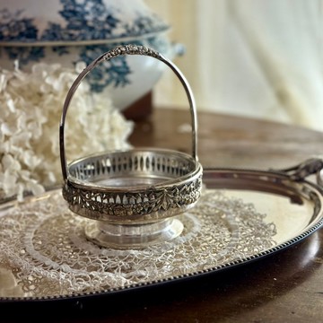 50396-絕美法國古董鍍銀糖果、乾果提籃含水晶內膽