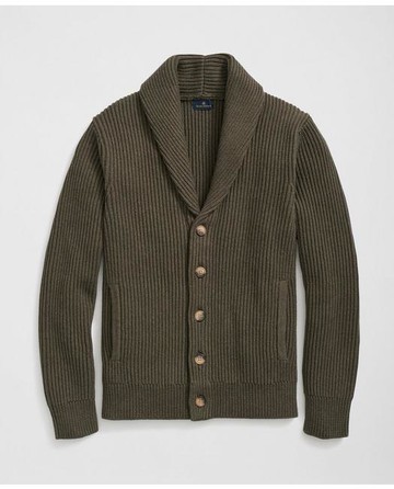 Brooks Brothers Men's Ribbed Cotton Shawl Collar Cardigan | Olive | Size 2XL