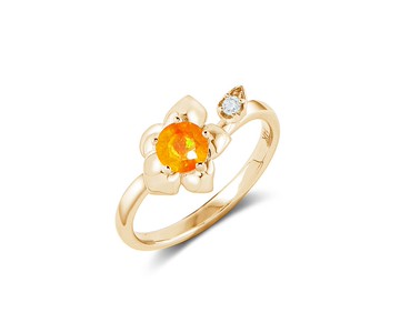 火歐泊14k黃金鑽石訂婚戒指 非傳統蘭花結婚戒指 大自然花卉戒指