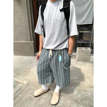 日系復古藍綠格紋寬松廓形七分褲2025春夏新款中性百搭闊腿直筒褲