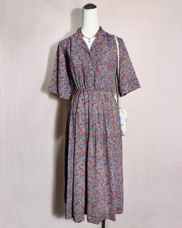 印染花朵圖騰短袖古著洋裝/ 國外帶回 VINTAGE