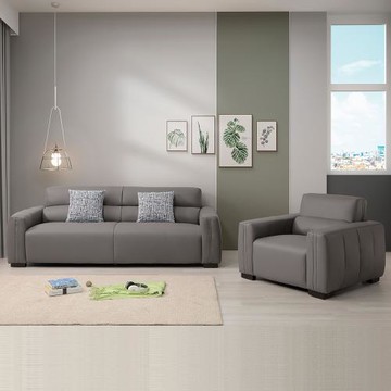 Boden-羅伊斯灰色耐磨貓抓皮革沙發組合-二件組(1人+3人-附抱枕)