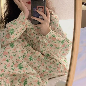 Xuan♥日系ins荷葉邊碎花睡裙女秋季甜美清新少女薄款長袖連衣裙家居服