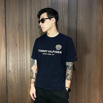 美國百分百【全新真品】Tommy Hilfiger 短袖 棉質 T恤 TH 上衣 logo 短T 深藍 CV32