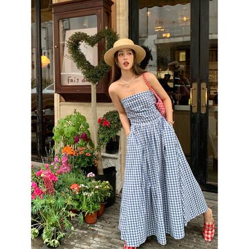 (免運)今嶼花花 藍色格子法式連衣裙夏季女2025年新款露背無袖抹胸長裙