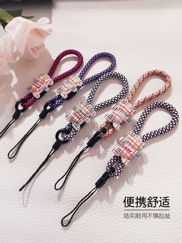 手機指環掛繩手指小熊格紋短款掛鏈帶鑰匙扣手工編織結實耐用格子蘋果oppo華為vivo手機殼防丟吊繩掛件