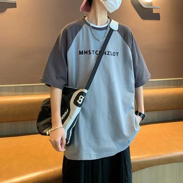 簡約oversize插肩袖拼色純棉短袖T恤男女日系半袖上衣體恤衫圓領