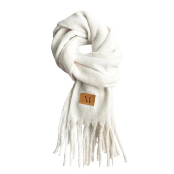 韓國 MUCENT SIGNATURE MUFFLER 經典流蘇圍巾 長版 皮革標象牙白 IVORY (LEATHER PATCH)