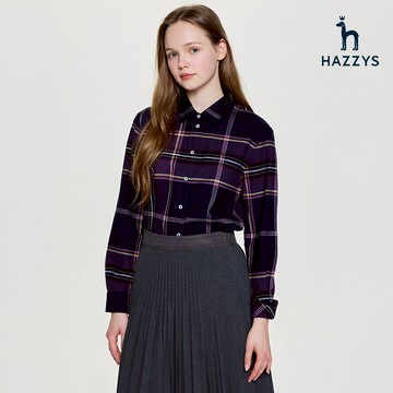 【HAZZYS】女款深藍色柔軟舒適合身長袖格紋襯衫 YSWKD910