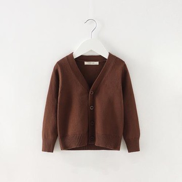 初禾 日系春秋款男女兒童寶寶咖啡色純棉線針織開衫毛衣休閑外套