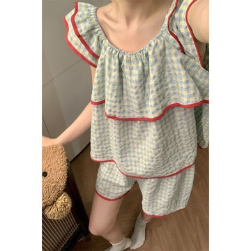 台出超抵 睡衣 睡衣套裝 夏天套裝 居家服 家居套裝 短袖睡衣 韓版甜美小飛袖撞色格子女夏簡約新款薄雲朵棉睡衣家居服套裝