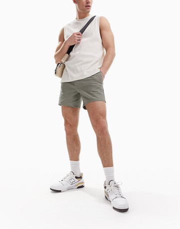 ASOS DESIGN slim chino shorts in shorter length in light khaki-Green