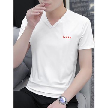 莫代爾夏季t恤男士短袖潮牌潮流V領白色上衣服冰絲半袖打底衫體恤