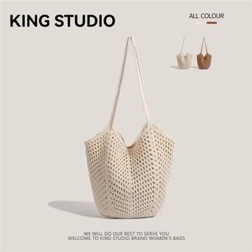 chic編織袋休閑大容量棉線鏤空草編包慵懶風單肩包海邊度假沙灘包