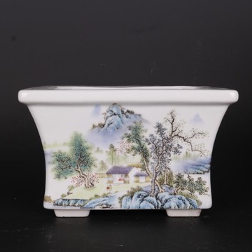 復古風格粉彩山水紋四方花盆菖蒲蘭花多肉仿古玩古董古雅庭軒瓷器