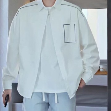 2025秋冬新款黑色潮牌拼接設計長袖襯衫寬松休閑時尚百搭男士上衣鑫弘-衣錦男裝