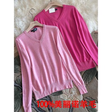 羊毛衫精紡100細羊毛V領針織打底衫女修身休閑簡約通勤薄毛衣內搭