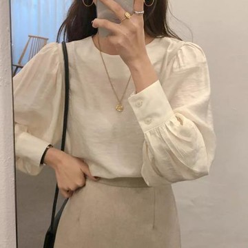 2025春秋新款氣質純色圓領泡泡袖雪紡襯衫女ins寬松設計感上衣女