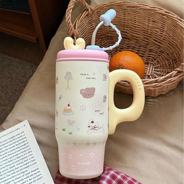 大容量冰霸杯陶瓷內膽保溫杯女高顏值316不鏽鋼鹿角杯帶茶隔杯子夏日暢飲 保冰持久 夏季日常喝飲品專用大容量冰 飲料