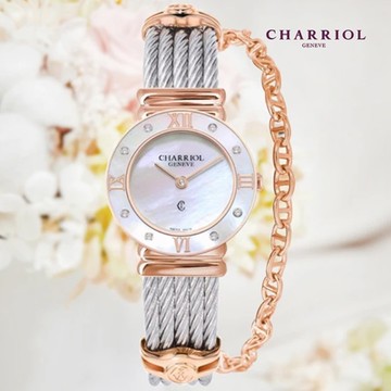 CHARRIOL 夏利豪 ST-TROPEZ 白珍珠母貝真鑽精品女錶-玫瑰金24.5mm 028PD1.540.552