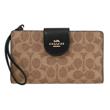 COACH CW780 馬車LOGO印花撞色扣式手機長夾.駝/黑邊