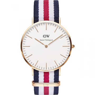 【Daniel Wellington】CLASSIC瑞典時尚品牌經典簡約尼龍腕錶-藍白紅x玫金-40mm/DW00100002