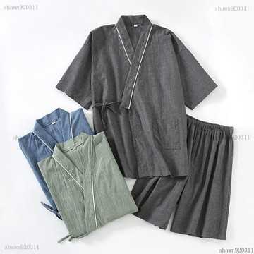 商城熱賣♥日式款男士和服 大尺碼100公斤 傢居汗蒸服套裝 純棉短袖短褲睡衣