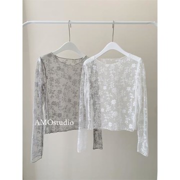 韓系圓領蕾絲打底衫女短款夏季薄款疊穿內搭上衣紗衣碎花溫柔風白