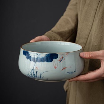 舊望格手繪荷花陶瓷茶洗家用杯洗功夫茶具配件水洗筆洗茶渣缸大號