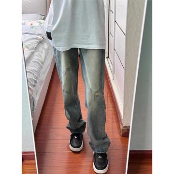 復古直筒寬松垂感水洗做舊磨破破洞牛仔褲男女ins潮牌休閑長褲子