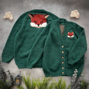 狐狸成人針織外套，手工編織，帶有刺繡裝飾