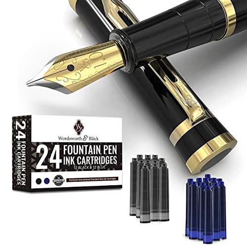 Wordsworth  Black Fountain Pen Set, 18K Glided Broad Nib, Includes 24 Pack Ink Cartridges, Ink Refill Converter  Gift Box, Gold Finish, Call