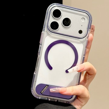 蘋果18Promax手機殼iphone17pro新款高透紫色磁吸圈一字摺疊支架16內置防撞條15簡約14防摔13保護套