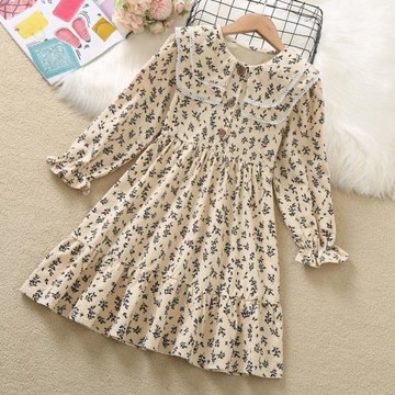 女童碎花連衣裙春秋款洋氣荷葉邊雙層領春裝2025新款純棉兒童裙子