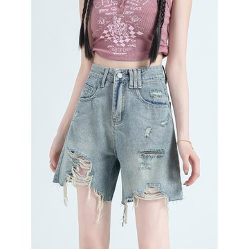 帶鉆破洞牛仔短褲女夏季薄款2026新款高腰寬松直筒闊腿五分熱褲子