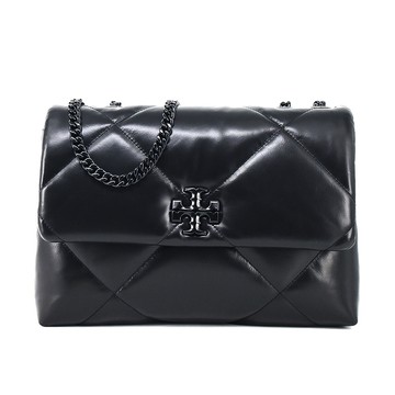 TORY BURCH KIRA 納帕皮革菱格紋翻蓋側背/肩背包(大/全黑)