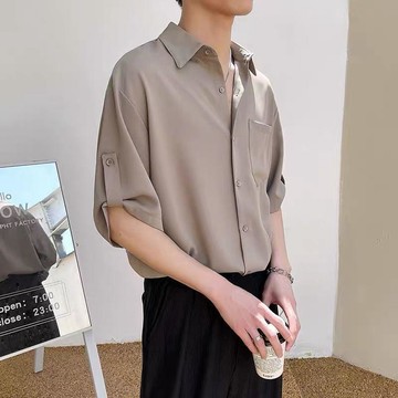 夏季冰絲七分袖痞帥襯衫男ins潮流韓版高級男士短袖襯衣外穿寬鬆