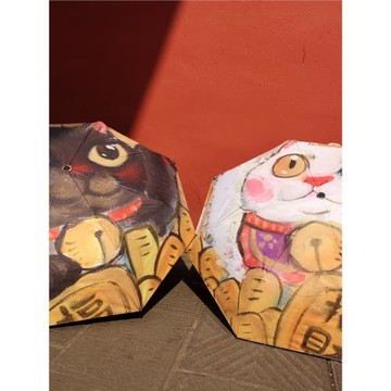 三包面小賣部新款原創插畫貓咪晴雨兩用黑膠三折折疊手動傘