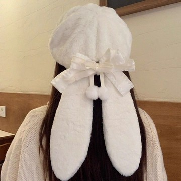 臺灣出貨+免運2025新款日系毛絨貝雷帽女秋冬可愛長耳朵多巴胺高級感百搭畫家帽