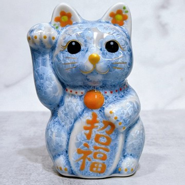 【靈瑞吉祥】日本清水燒招財貓 | 花結晶 銀藤 右 特小