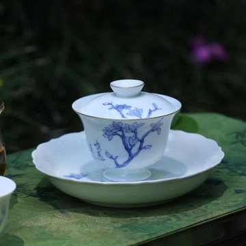 夏禾茶具純手繪小號蓋碗壺承茶杯景德鎮釉下彩青花玉蘭花單泡茶碗